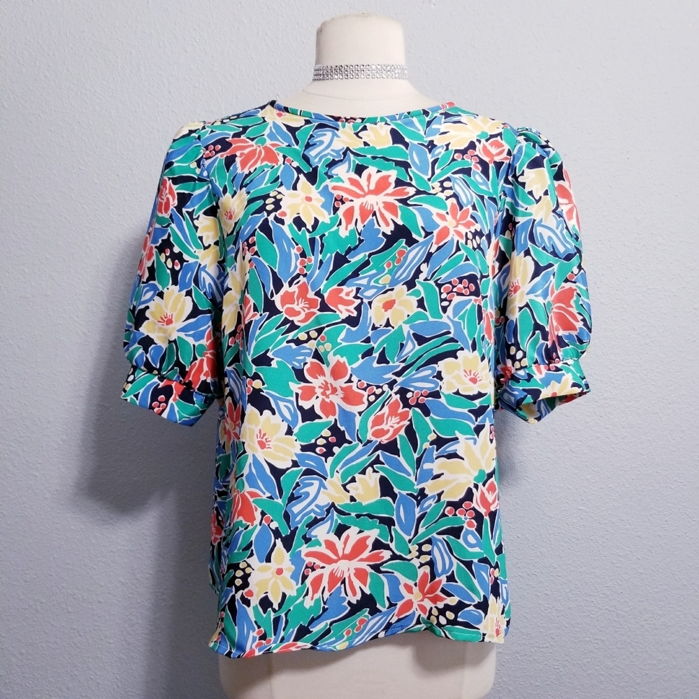 Vintage 80's retro floral tropical print party shirt top blouse 12